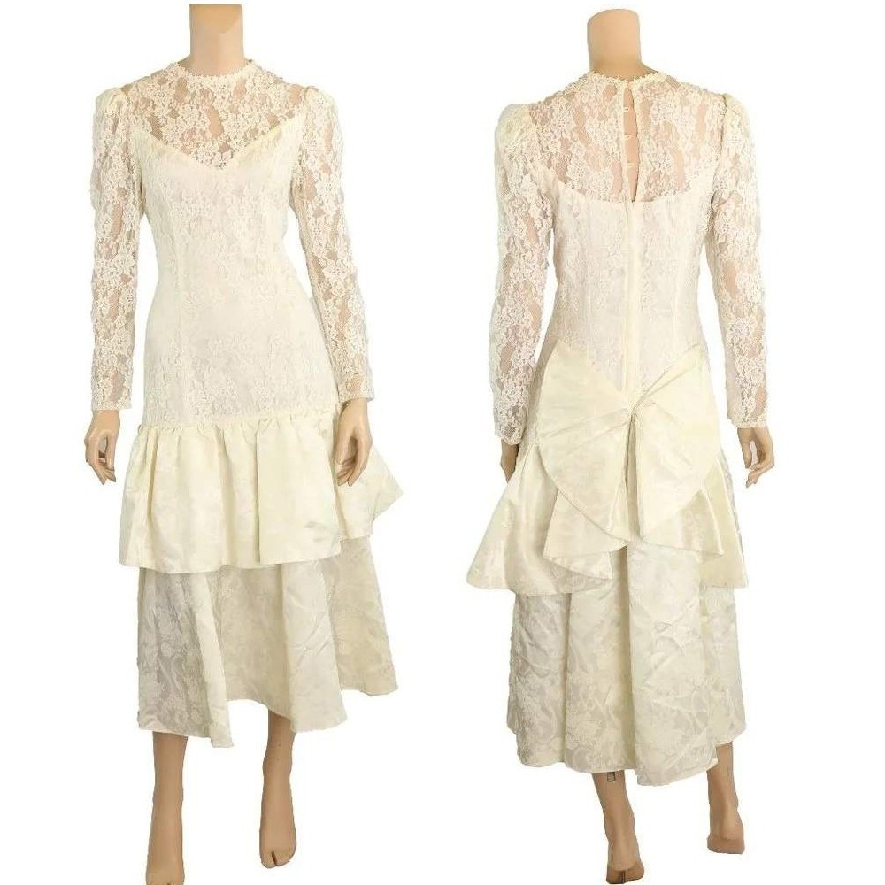 Vintage 1980's Scott McClintock Ecru Lace Satin Drop Waist Dress Ivory 4
